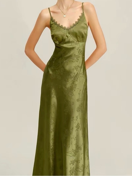 RIHOAS Dresses & Skirts - RIHOAS Olive Green Satin Slip Midi Dress with Lace Trim XL